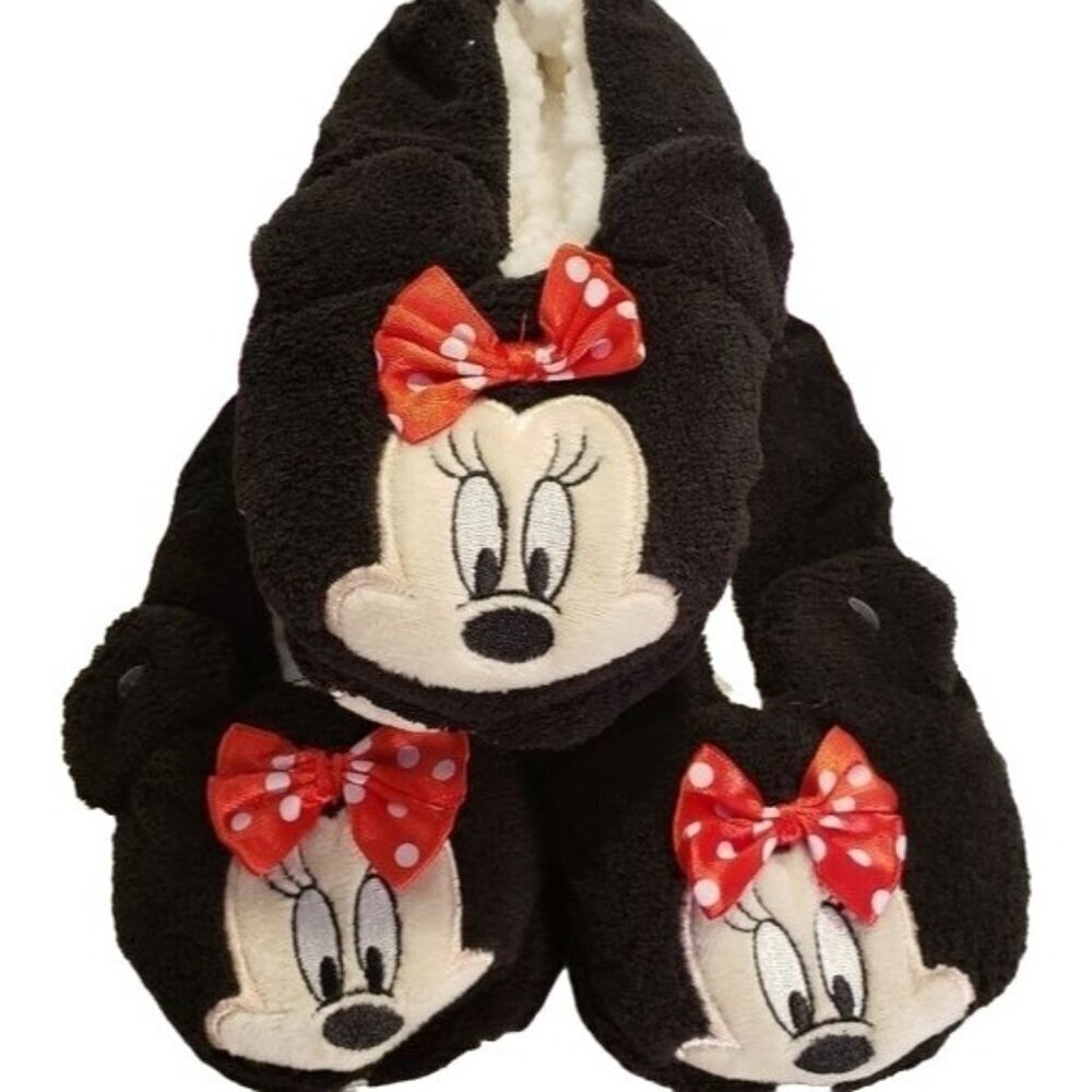 Disney Minnie Mouse Slippers Black Fuzzy Babba Red Bow Girl Shoes Rubber Sole